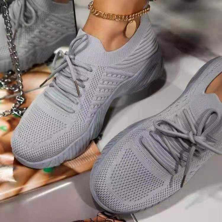 Sporty Women Platform Solid Color Lace-Up Lightweight Fly Woven Casual Shoes
