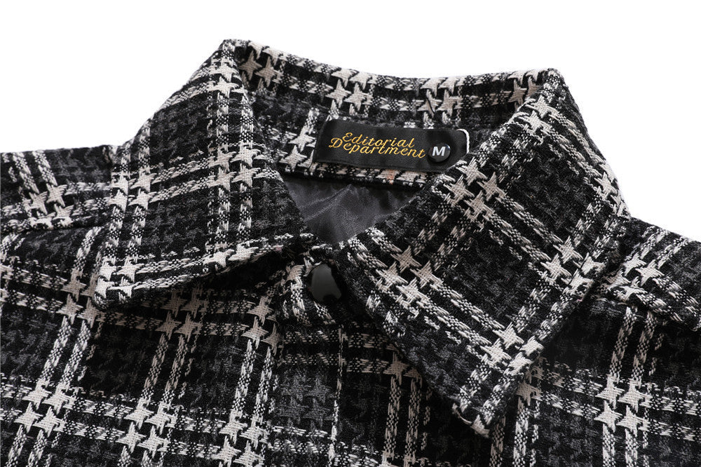 Letter Embroidery Men's Street Lapel Long Sleeve Shirt Autumn Loose Fine Plaid Shirt