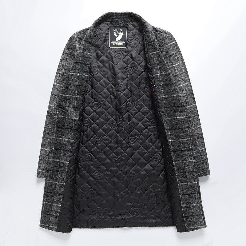 Autumn And Winter Woolen Coat Men's Mid-length Business Casual Plaid Cotton And Thickening Woolen Coat