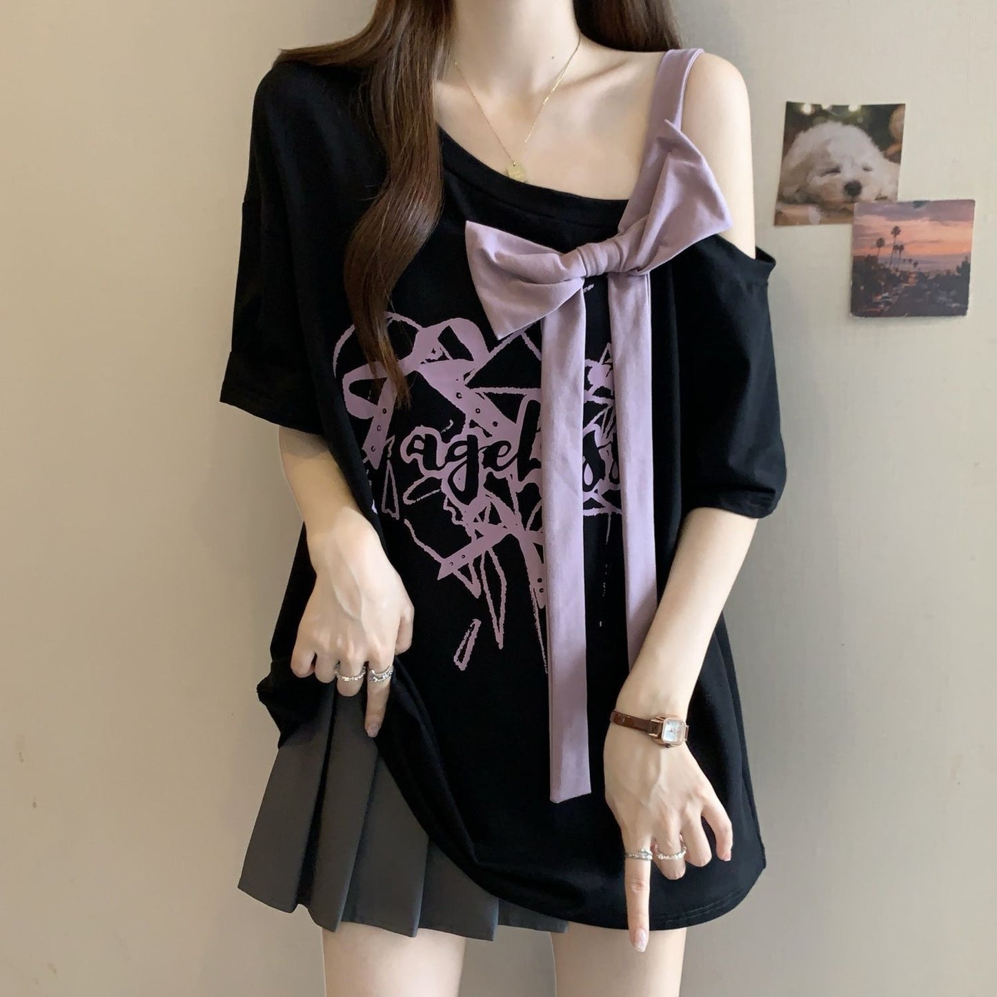 Large Size Three-dimensional Bow Off-the-shoulder Short Sleeve Summer New Loose