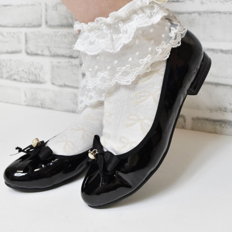 Lovely Pearl Bow Bright Leather Round Toe Flat Shoes