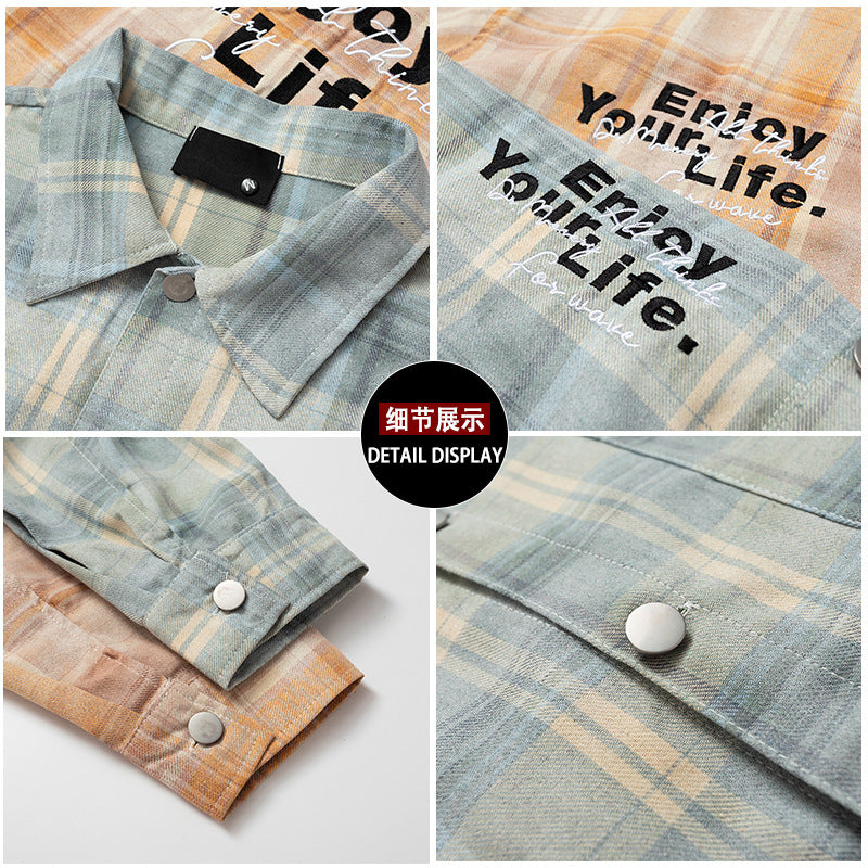 American-style Retro Alphabet Embroidered Plaid Long-sleeved Shirt