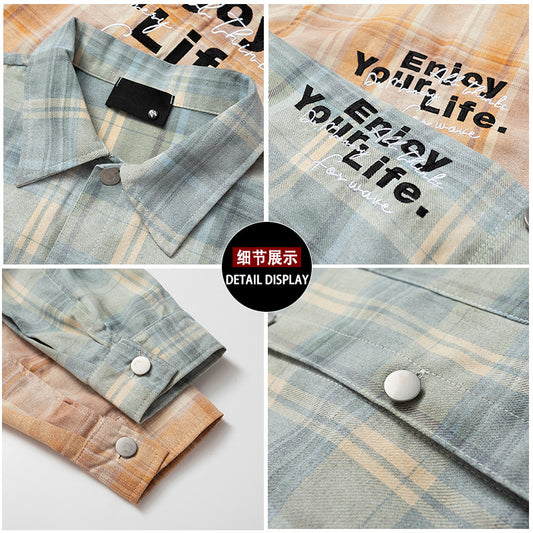 American-style Retro Alphabet Embroidered Plaid Long-sleeved Shirt