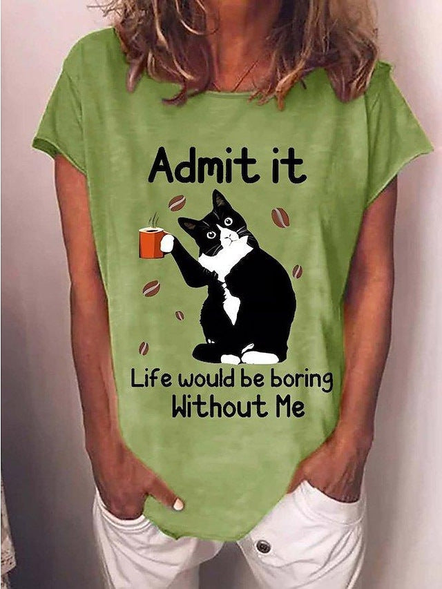 Women's Black Cat Digital Printed Short-sleeved T-shirt