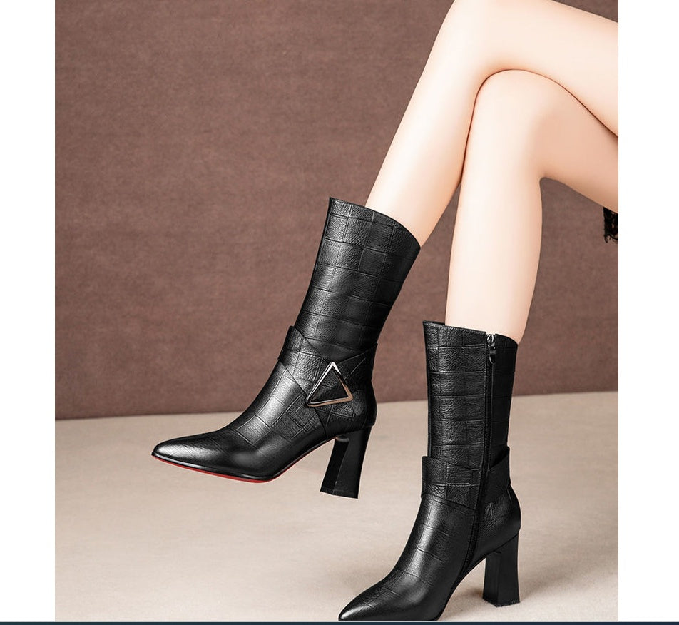 High Heeled Pointed Middle Tube Thick Heeled Plush Boots