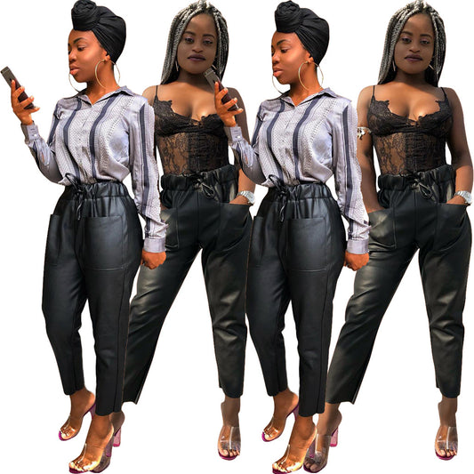Elastic pu leather pants