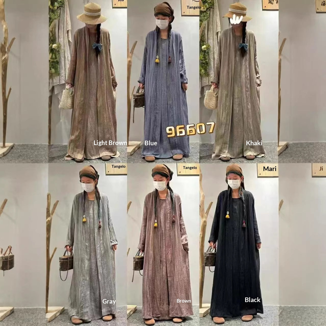 Solid-color Pleated Linen Vest Dress Long Coat Two-piece Set