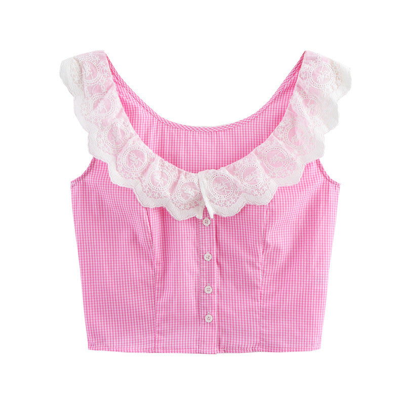 Sweet Style Sleeveless Vest Strap American Style Lace Plaid Strap Top
