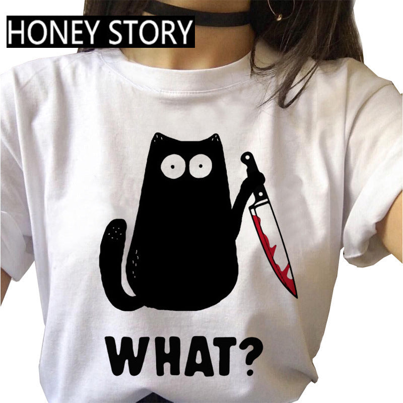 Kitten Print Round Neck Women's Loose Short Sleeve T-shirt