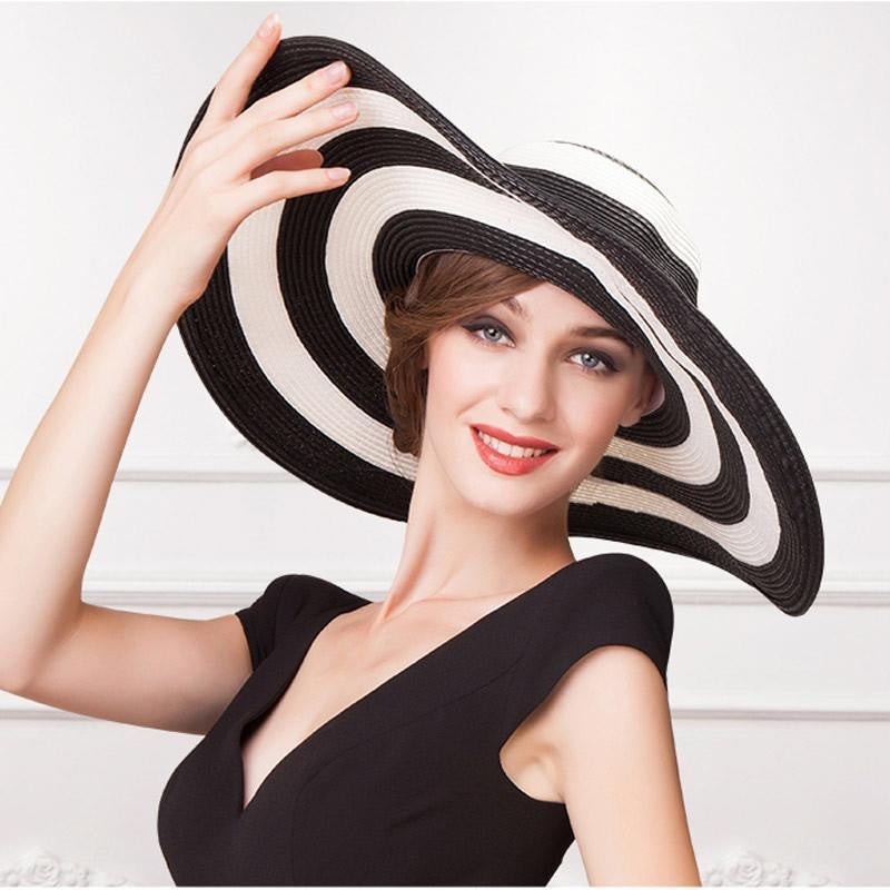 Women's Beach Big Brim Foldable Striped Straw Hat