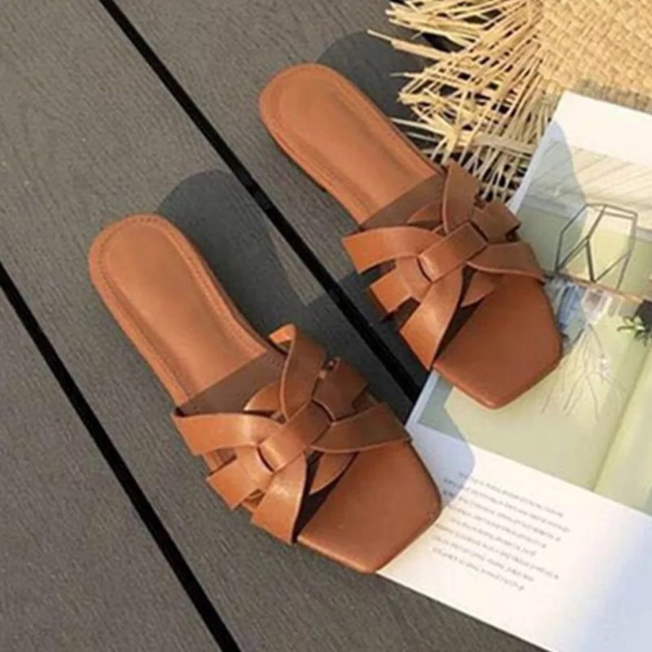Flat Bottom, Square Head Casual Hollow Beach Shoes, Foreign Trade Women's Slippers