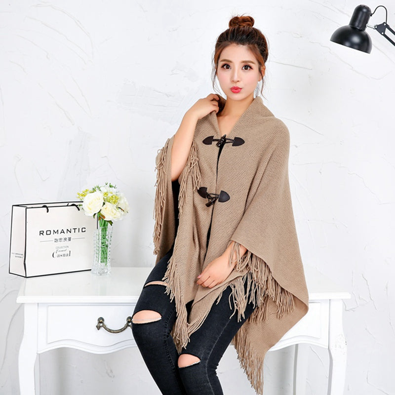 Fringed cloak shawl warmth and thick solid color