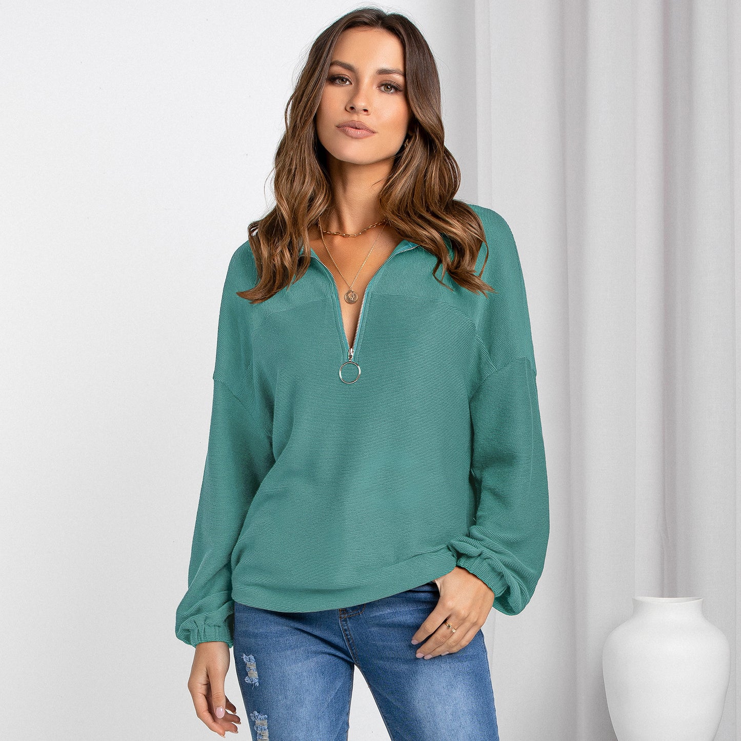Women's Fashion Casual Pullover V-Neck Solid Color Loose Sweater