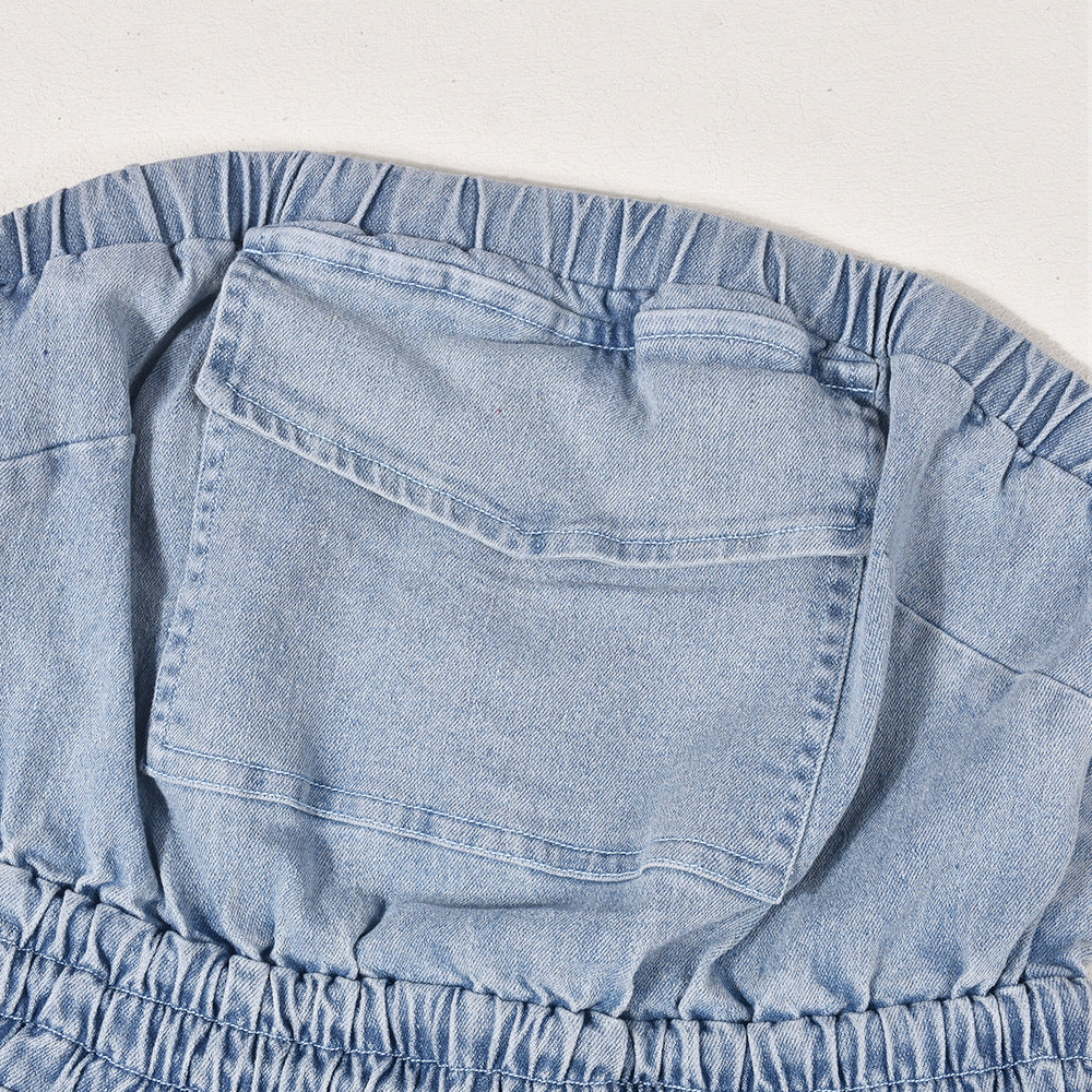Stitched Backless Pocket Washing Water European And American Denim Jumpsuit