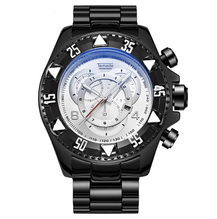 Explosion models watch men's fake three-eye luminous large dial steel belt sports men's watch