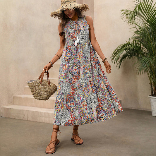 Womens Casual Retro Tassel Sleeveless Dress