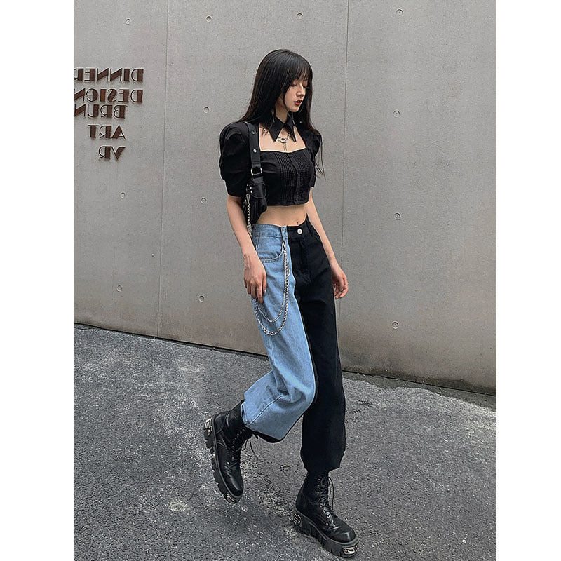 Black and blue color block high-rise split jeans