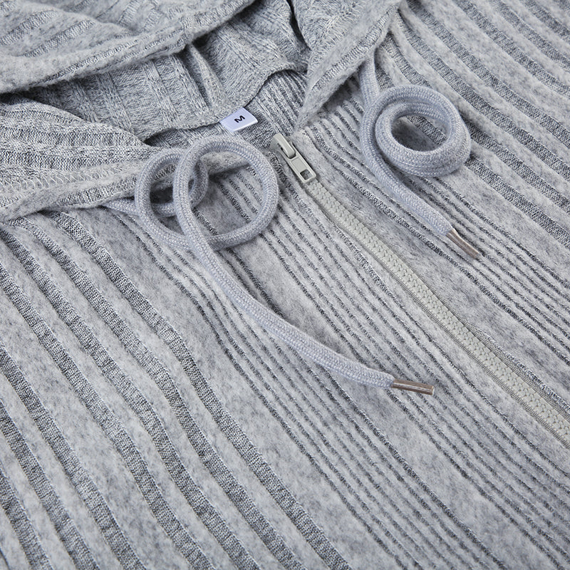 Autumn And Winter Gray With Zipper Cardigan Short Hooded Knitted Jacket