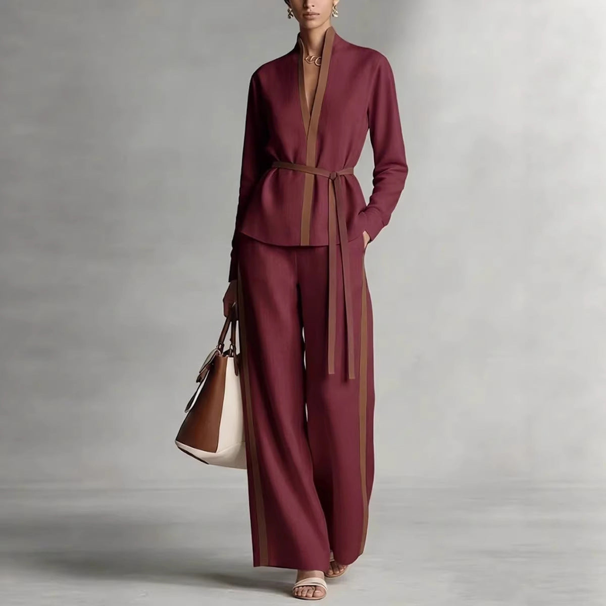 Women's Casual Patchwork Cardigan Shirt And Wide-Leg Pants Set