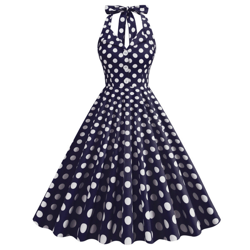 Womens Polka-Dot Halterneck Mid-Length Maxi Dress With Open Back