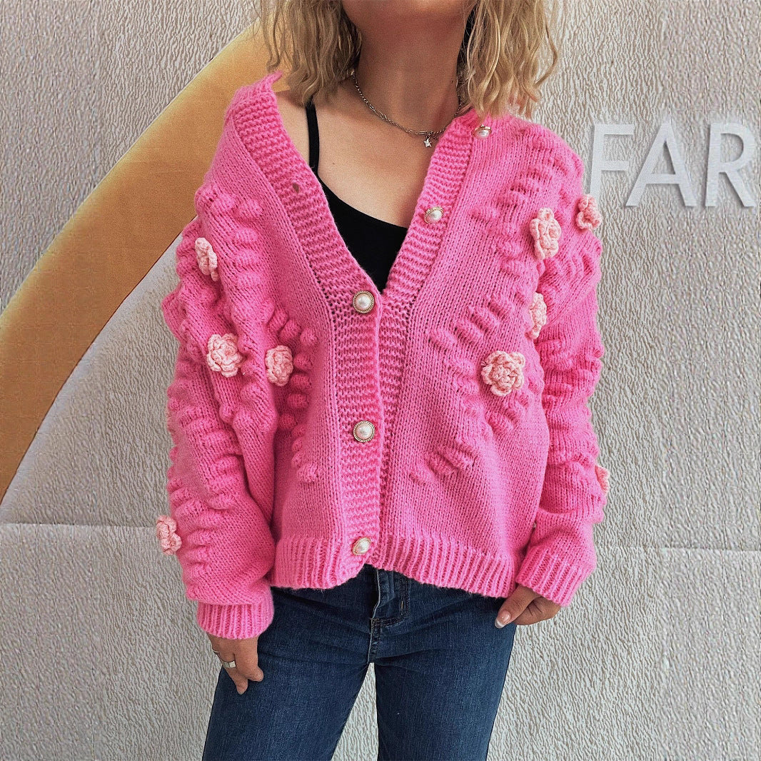 Cute Three-dimensional Flower Decorative Knitted Cardigan Round Neck Sweater