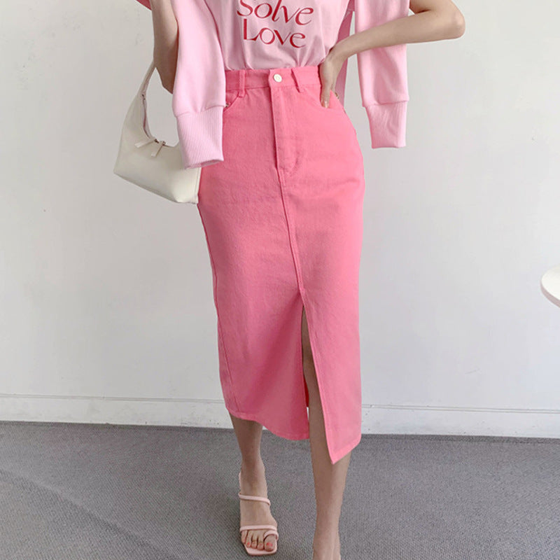 Niche Retro High Waist Slimming Design Slit Slim-fitting Sheath Denim Skirt
