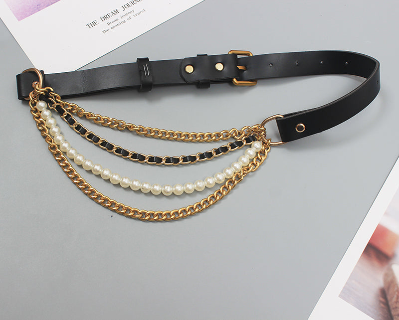 New Fashion All-match Leather Belt With Pearl Decoration