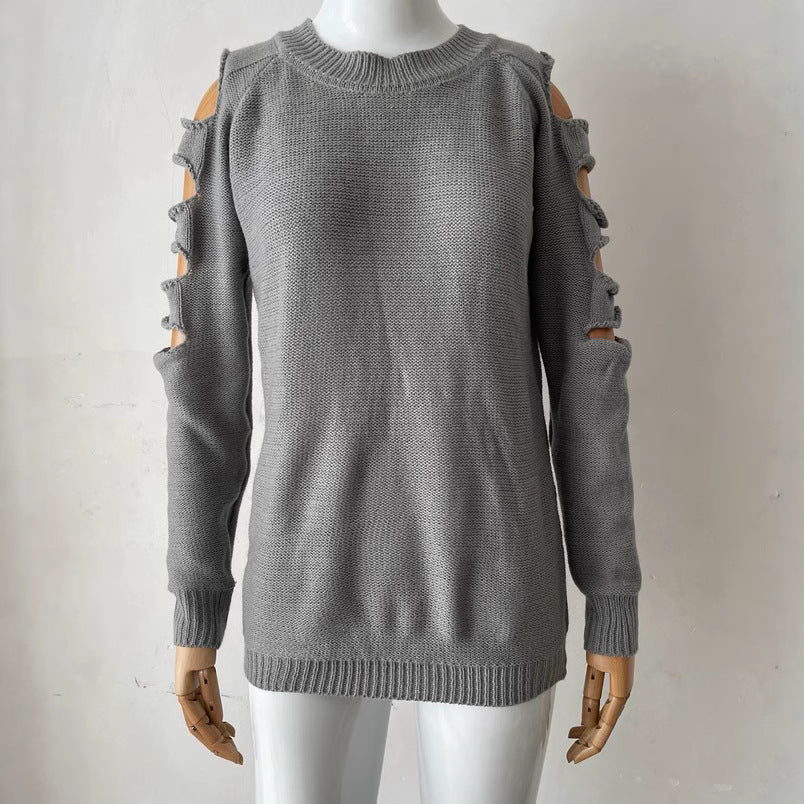 Women's European And American Round Neck Long Sleeve Off-shoulder Solid Color Sweater Bottoming Shirt