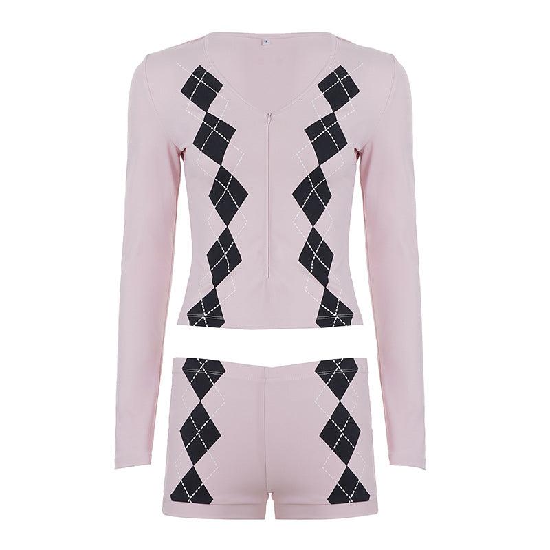 Women's Two-piece Set Long-sleeve Top And Slim-fit Boxer Shorts