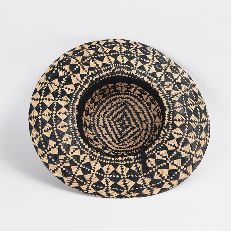 Large Brim Geometric Color-block Raffia Hat