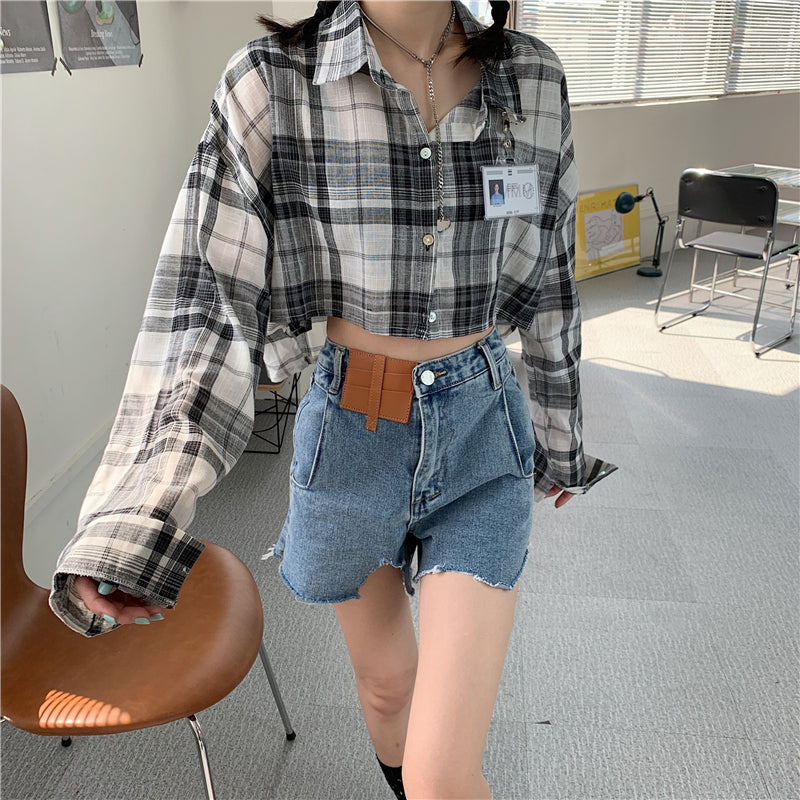 Long Sleeve Plaid Shirt + Irregular Ripped Jeans