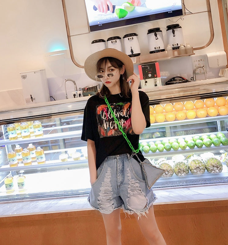 European goods summer new wash water worn denim shorts female chain triangle bag casual pants wild hot pants