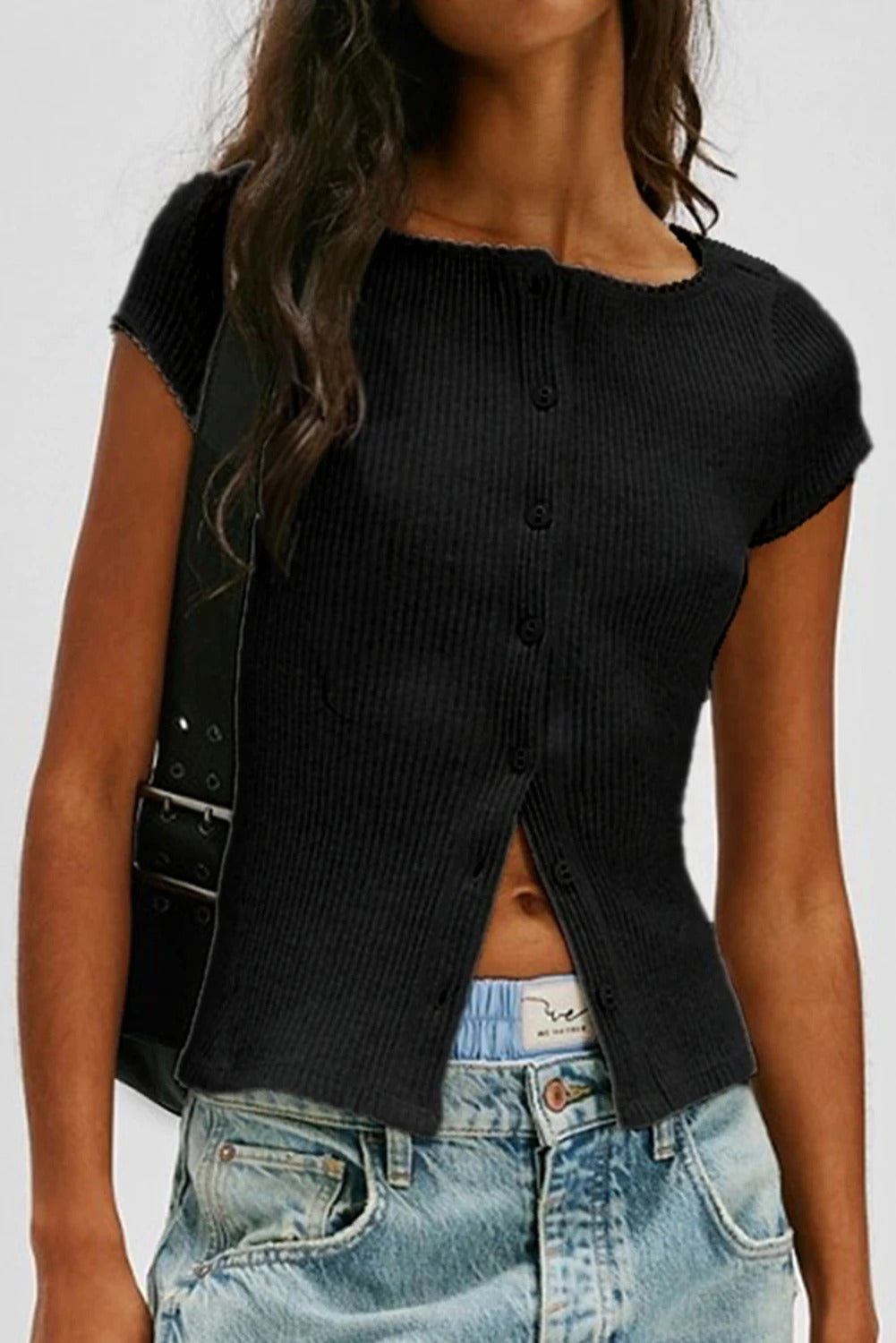 Womens Solid-color Versatile Short-sleeve Top With Buttons