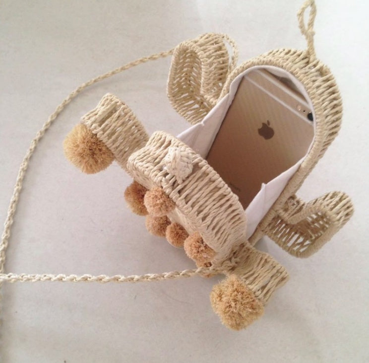 New fashion cactus straw bag smallstyle casual shoulder bag fur ball beach bag