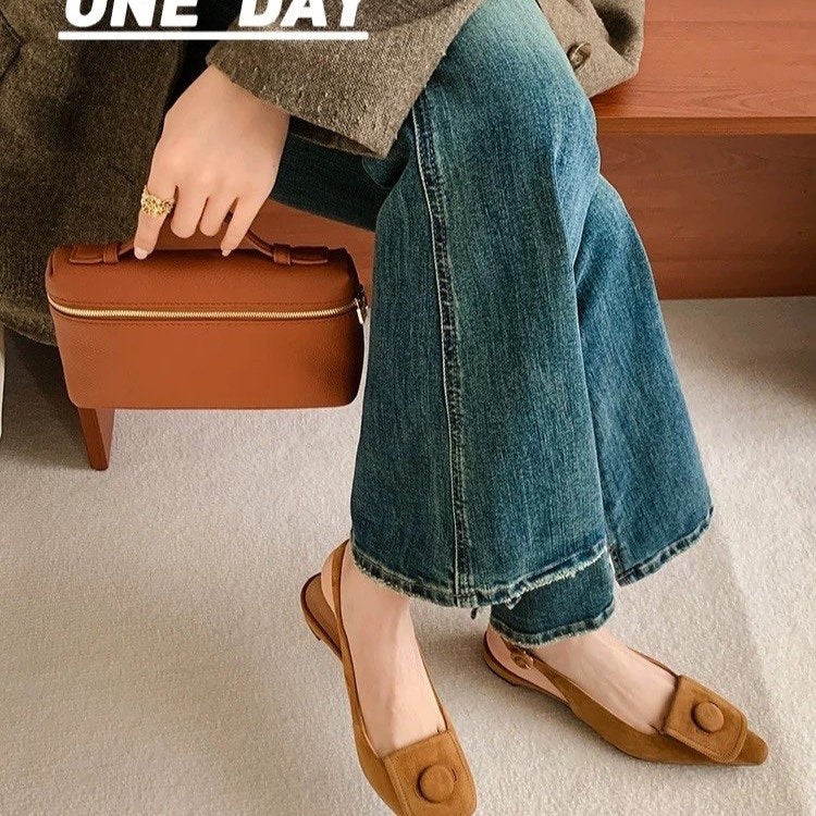 French Retro Metal Buckle Pointed Toe Slingback Flats For Women