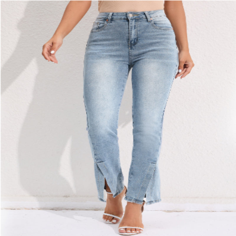 Pendlervenlige lige bukser i moderne strækdenim med vasket look