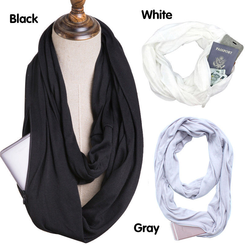 Pocket Scarf Solid Color Unlimited Bib Storage Zipper Pocket
