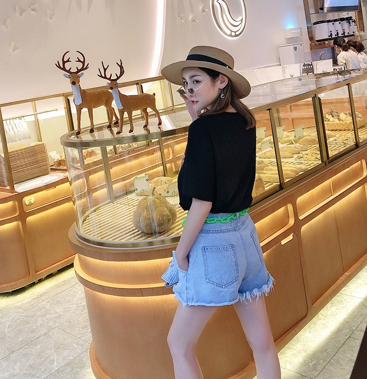 European goods summer new wash water worn denim shorts female chain triangle bag casual pants wild hot pants