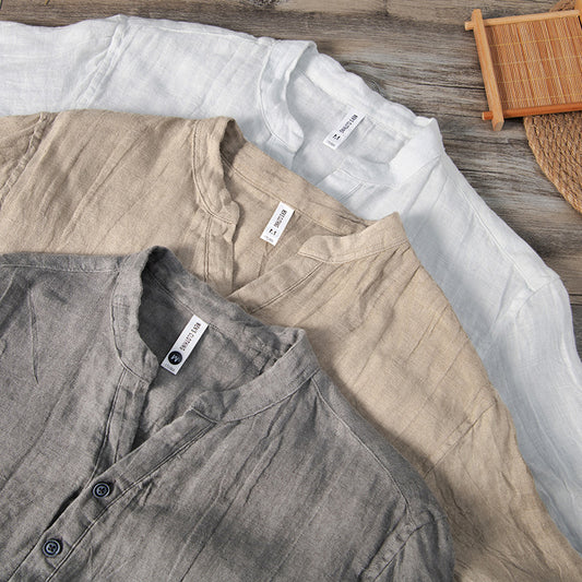 Retro Linen Top Casual Solid Color