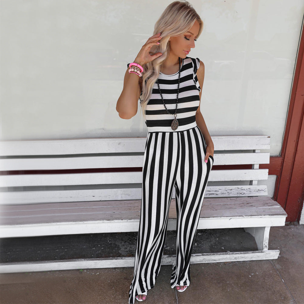 New Striped Crew Neck Sleeveless Casual Jumpsuit