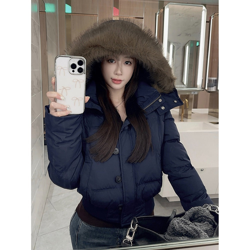 Big Fur Collar Hooded Short Down Jacket Women's Warm Jacket