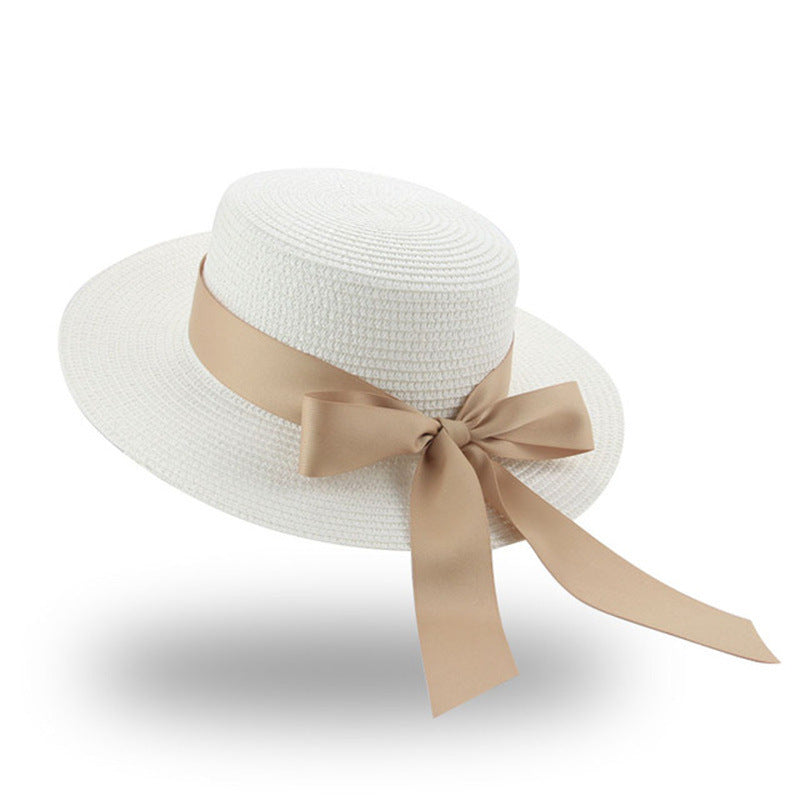 Women's Summer Bow Ribbon Flat Brim Straw Hat