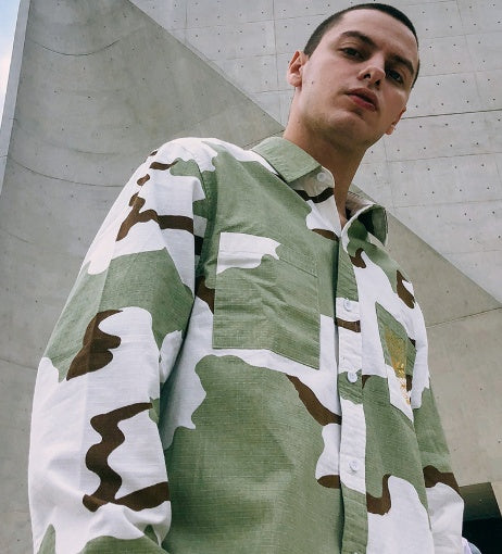 Spring high street camouflage short short long loose tide brand men's lapel check shirt shirt