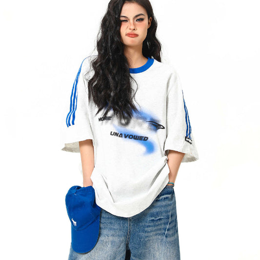 Retro Color Contrast Patchwork Design Short-sleeved T-shirt For Women