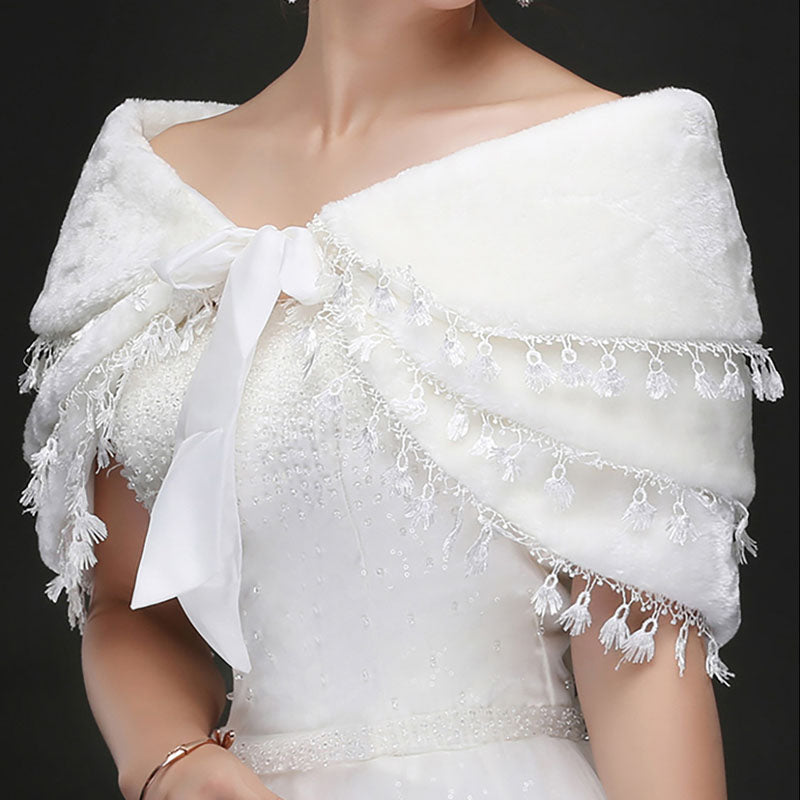 Fringed warm white wedding hair shawl