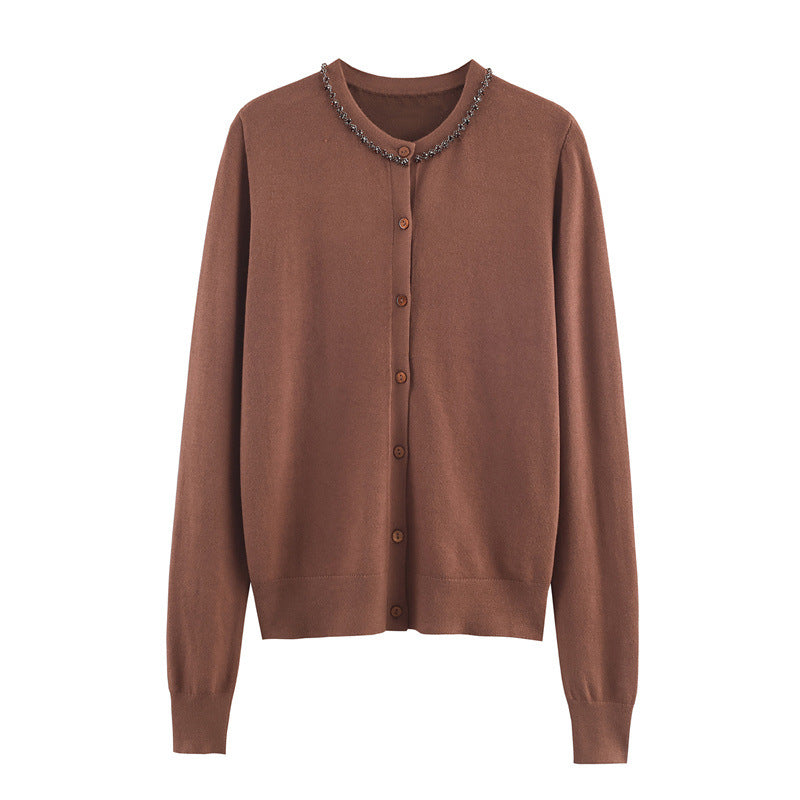 New Lightly Mature Round Neck Long Sleeve Jewelry Cardigan Top