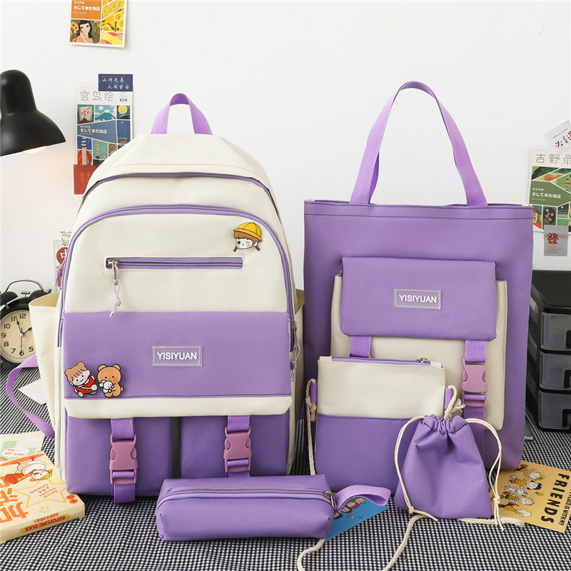 High Capacity Nylon Backpack For Middle School Students, Five Piece Set
