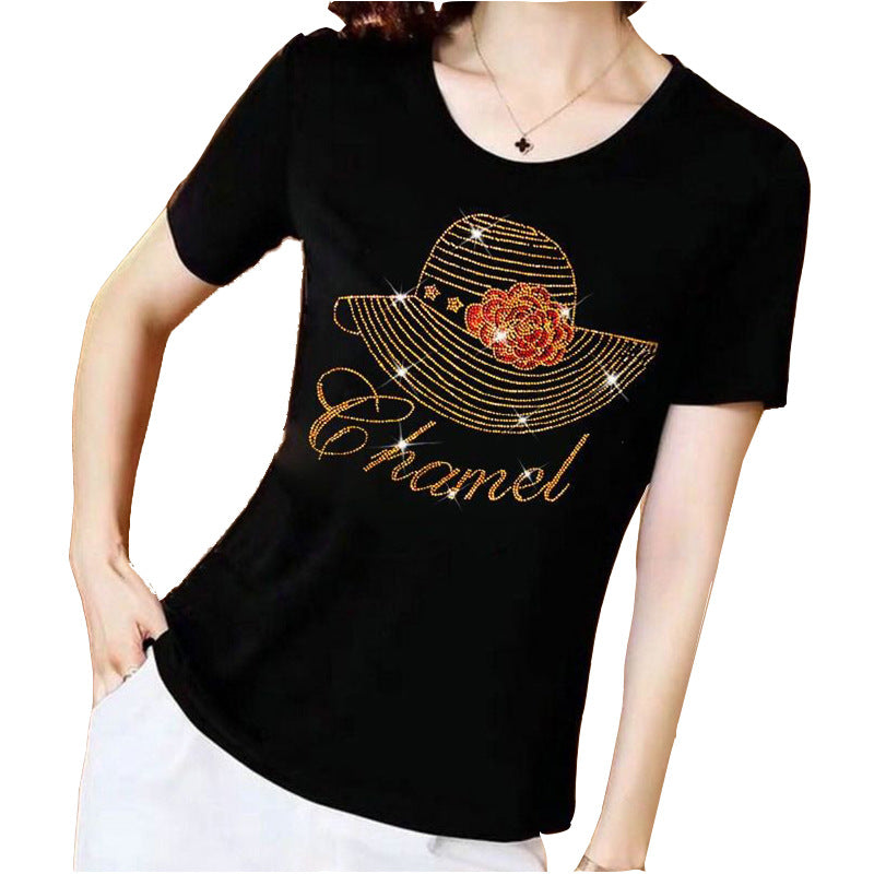 Dame T-shirt med korte ærmer i bomuld og diamanter, plus size