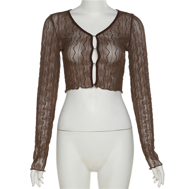 Women's Pure Color Mesh Cardigan Long Sleeve Short T-shirt
