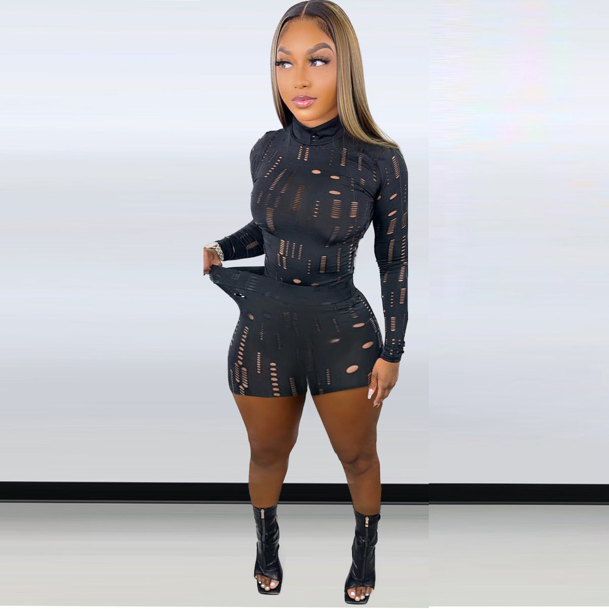 Elastic Ripped Turtleneck Long-sleeved Top Pencil Pants Set
